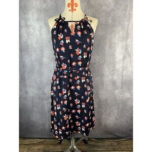 Pixley Halter Dress Tie Waist, Navy Multicolor Lined Keyhole Neck Womens XL
